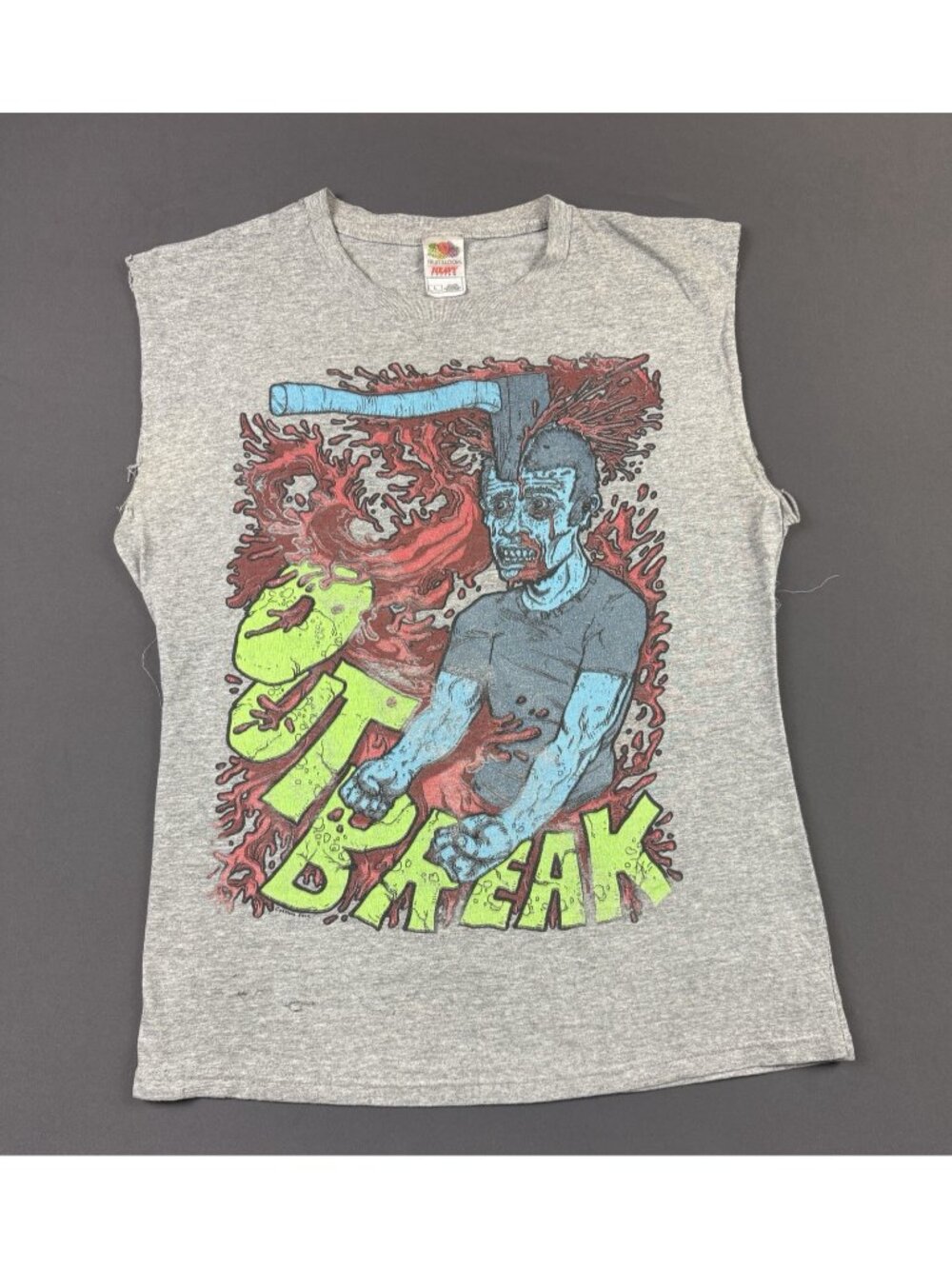 Rare Vintage Y2K Outbreak Punk Band Tee Art Axe Head Blood Gray Cut Off Sleeve